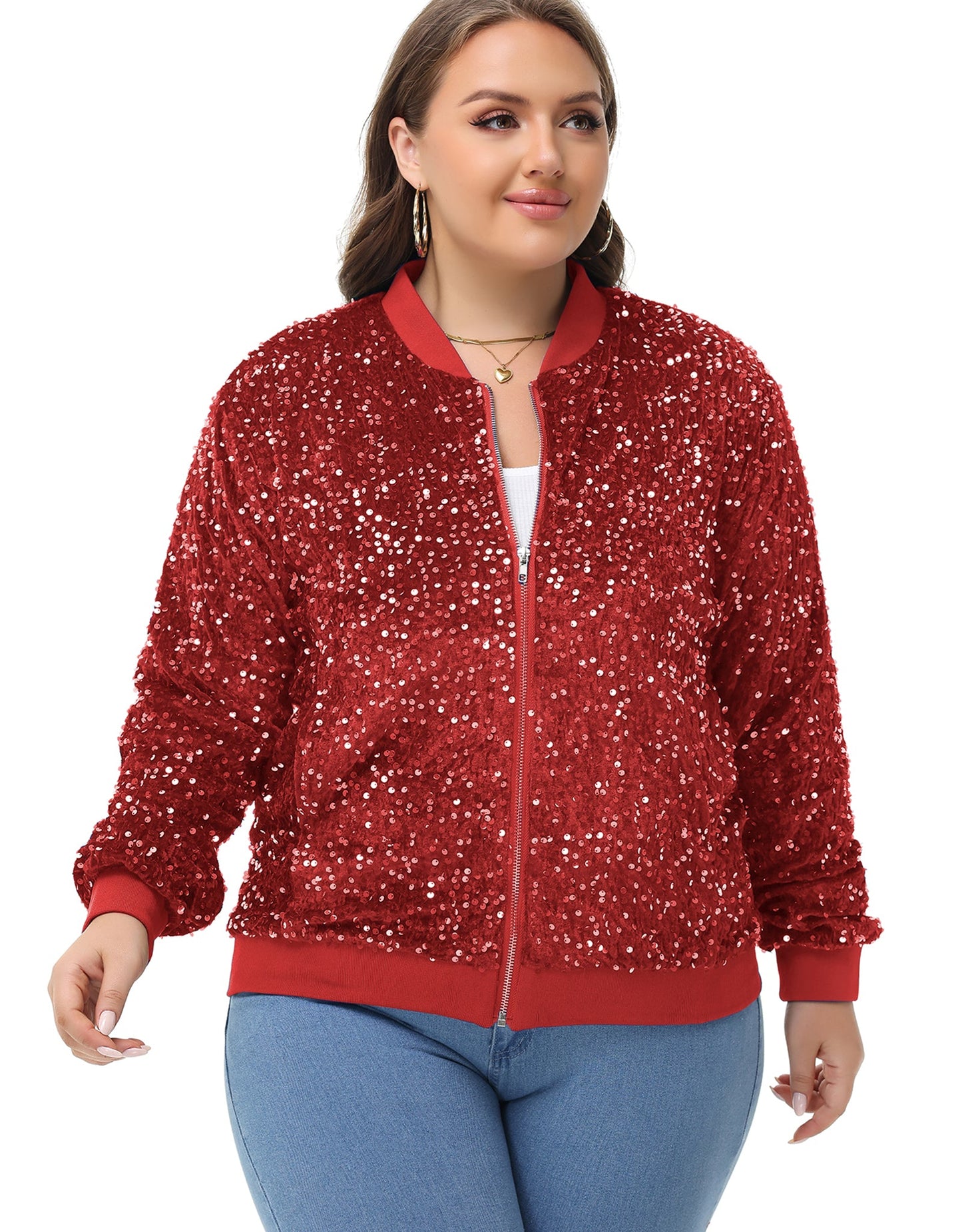Anna-Kaci Women's Sequin Jacket Plus Size Sparkly Zip Bomber Coat With Pockets For Concert Party