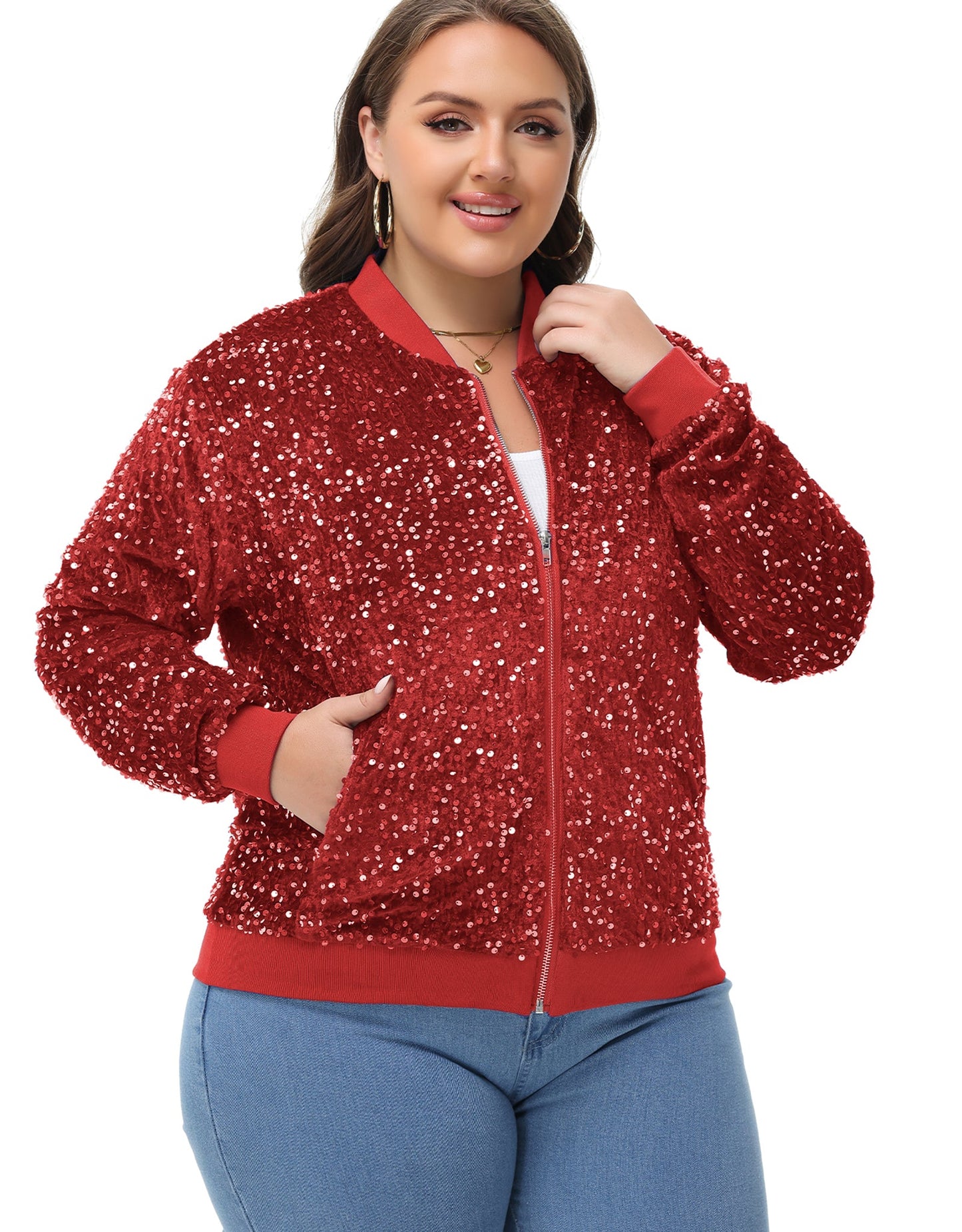 Anna-Kaci Women's Sequin Jacket Plus Size Sparkly Zip Bomber Coat With Pockets For Concert Party