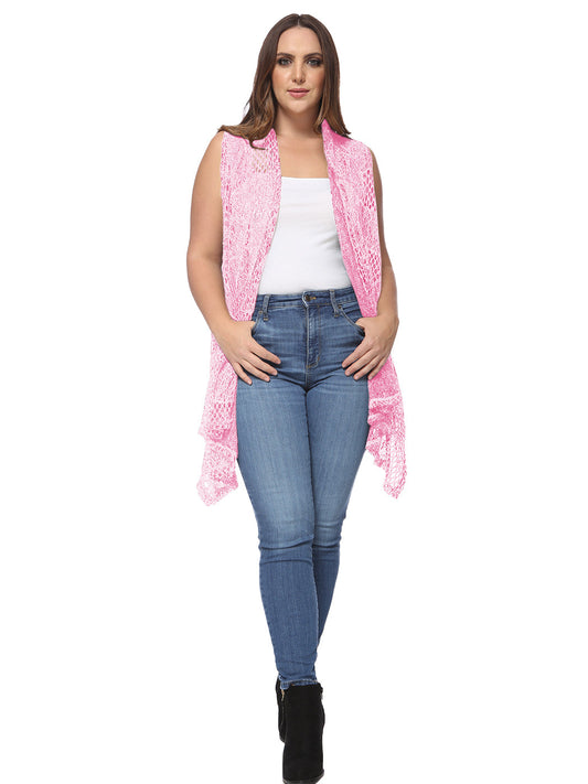 Anna-Kaci Women's Plus Size Boho Open Front Crochet Cover Up Sleeveless Shawl Cardigan Vest, Pink