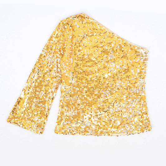 One-Shoulder Sequin Top-Long Sleeve Party Blouse