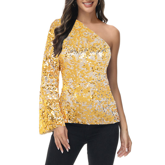 One-Shoulder Sequin Top-Long Sleeve Party Blouse