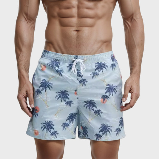 Men's Quick-Dry Swim Trunks with Tropical Palm Tree Print and Elastic Drawstring Waist for Beach and Pool Comfort