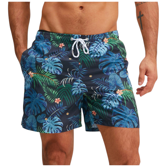 Men's Tropical Leaf Print Swim Trunks with Adjustable Drawstring and Side Pockets