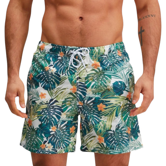 Men's Tropical Leaf Print Swim Trunks with Elastic Waistband and Mesh Lining