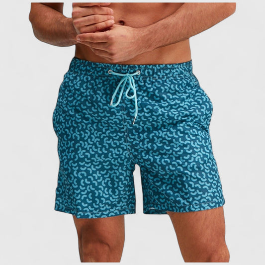Men's Abstract Print Swim Trunks with Elastic Waistband and Adjustable Drawstring