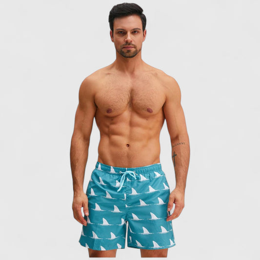 Men's Sailboat Print Swim Trunks with Adjustable Drawstring Waistband and Side Pockets