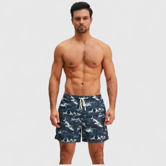 Men's Shark Camo Print Swim Trunks with Adjustable Drawstring and Side Pockets