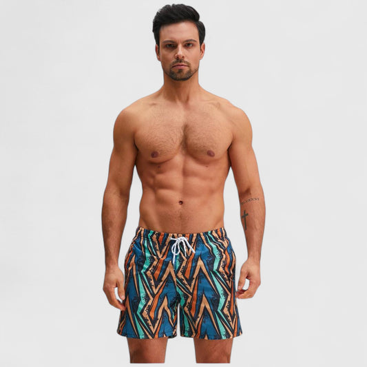 Men's Geometric Print Swim Trunks with Elastic Waistband and Side Pockets