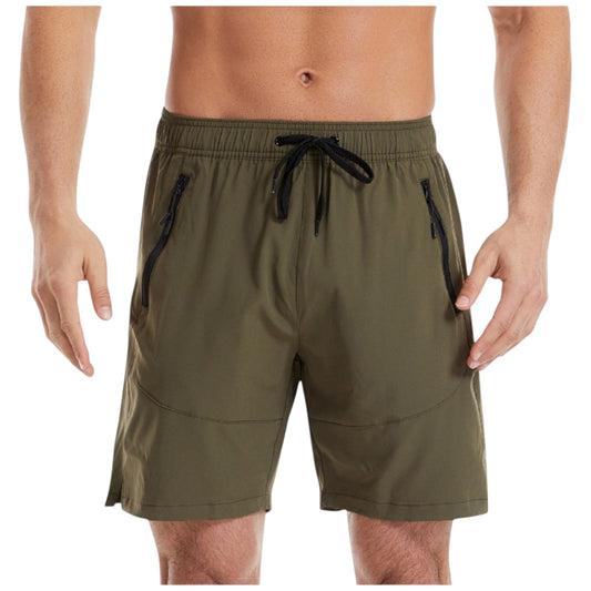 Men's Solid Performance Swim Trunks with Zip Pockets and Adjustable Drawstring Waist
