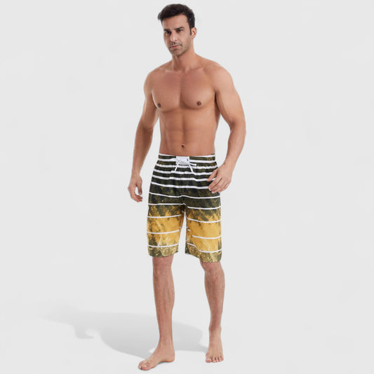 Men's Striped Ombre Board Shorts with Elastic Waistband and Drawstring Closure