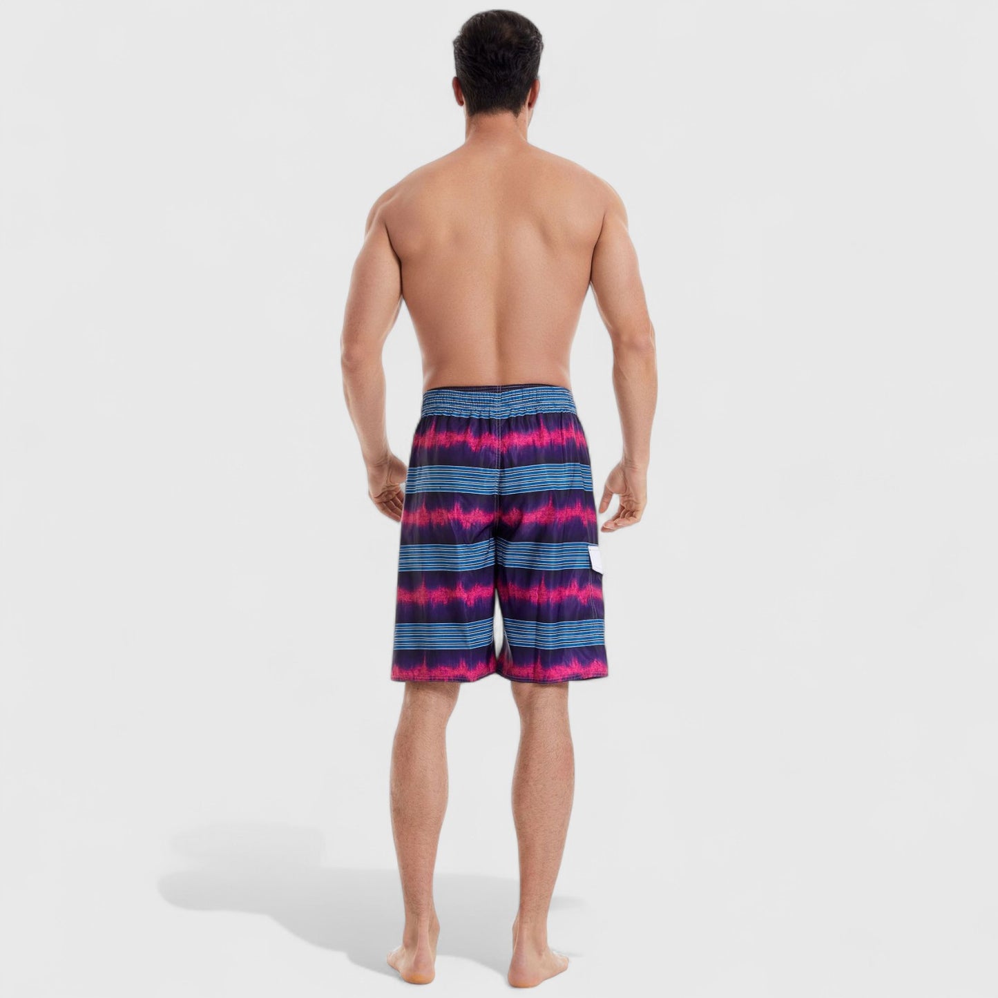 Men's Vibrant Stripe Gradient Swim Shorts with Drawstring Waist and Side Cargo Pocket