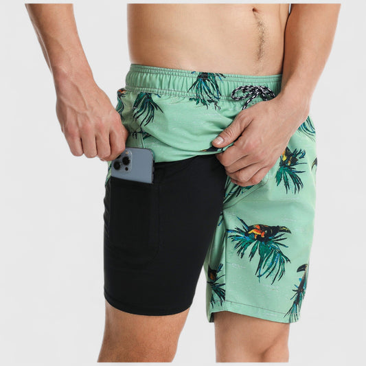Men's Toucan Print Swim Shorts with Tropical Leaf Pattern and Adjustable Drawstring Waist