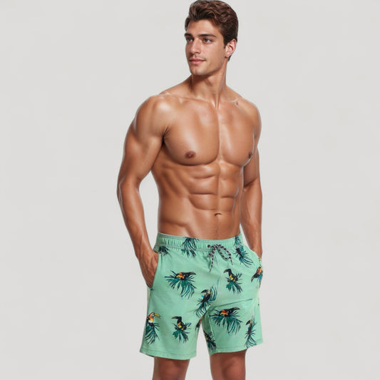 Men's Tropical Toucan Print Swim Trunks with Elastic Drawstring Waist and Quick-Dry Lightweight Fabric