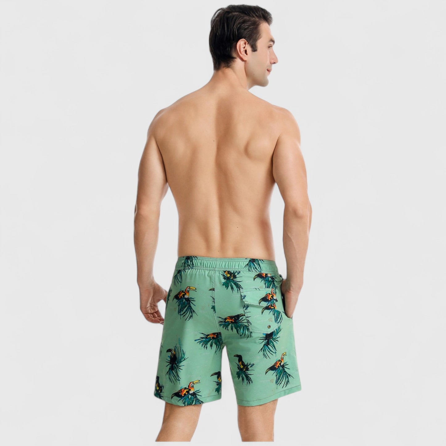 Men's Toucan Print Swim Shorts with Tropical Leaf Pattern and Adjustable Drawstring Waist