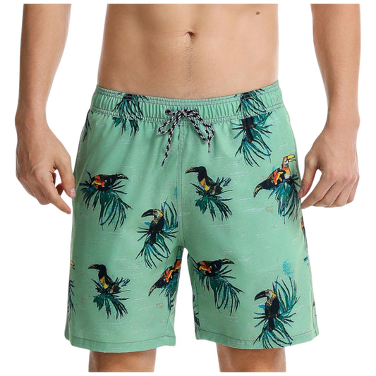 Men's Toucan Print Swim Shorts with Tropical Leaf Pattern and Adjustable Drawstring Waist