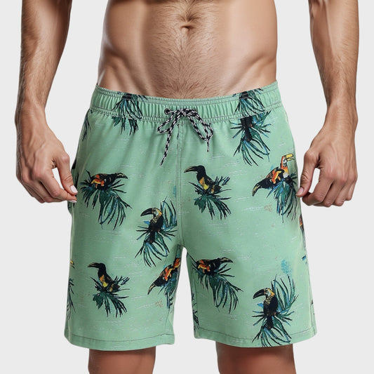 Men's Tropical Toucan Print Swim Trunks with Elastic Drawstring Waist and Quick-Dry Lightweight Fabric