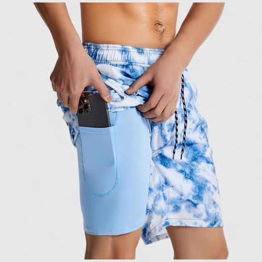 Men's Marble Tie-Dye Print Swim Shorts with Elastic Waistband and Adjustable Drawstring