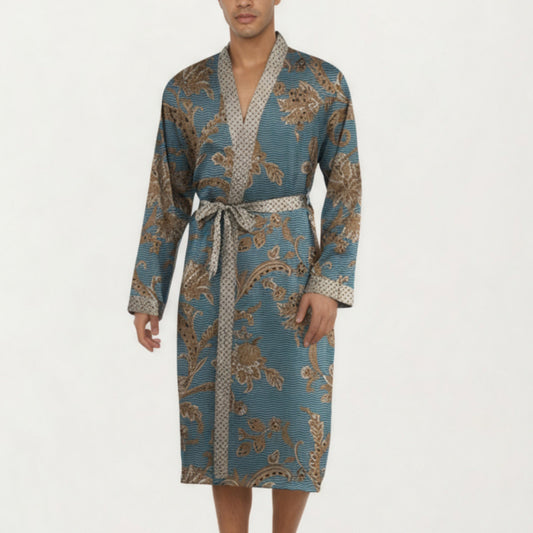 Men's Satin Robe with Floral Baroque Pattern and Contrast Trim Belt