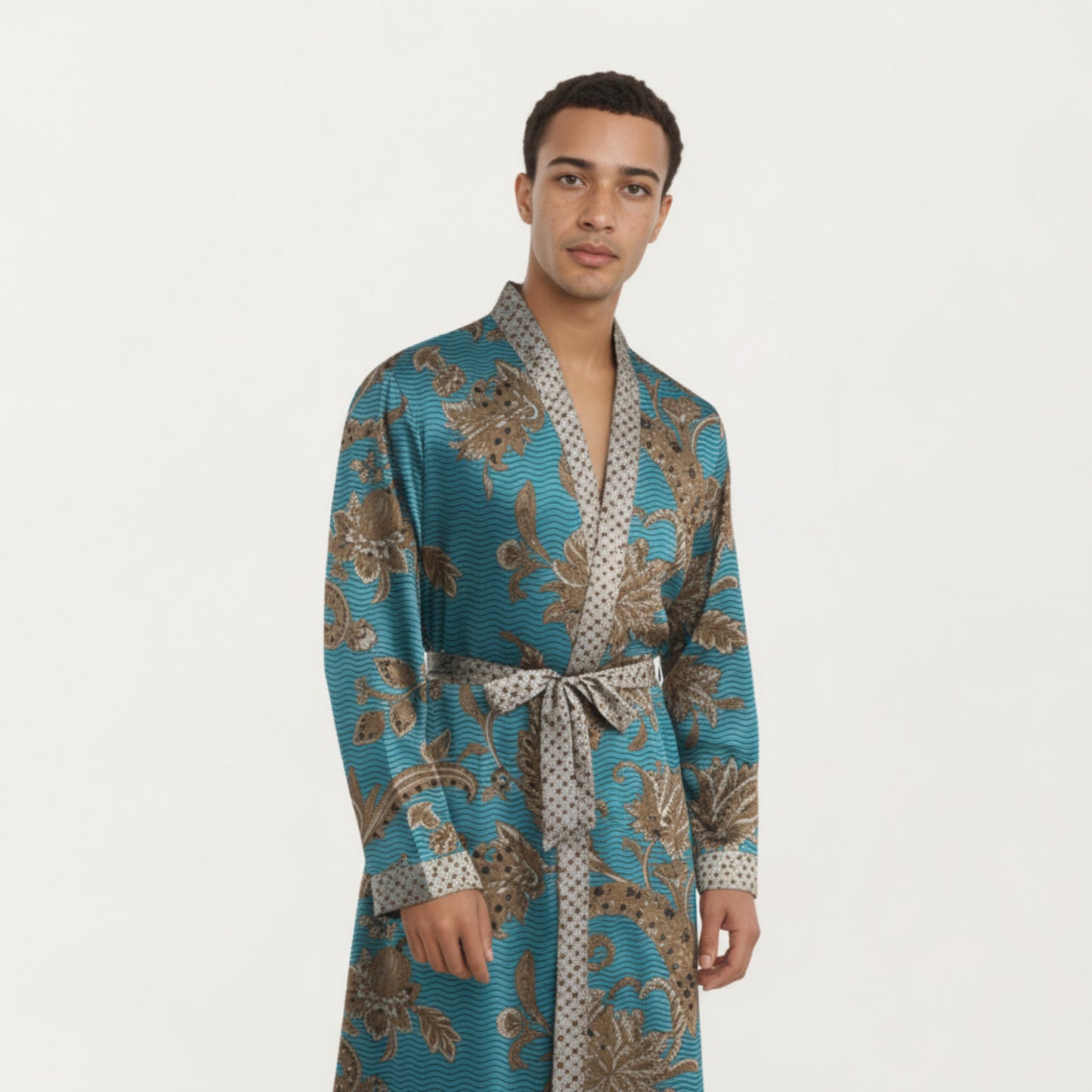 Men's Satin Robe with Floral Baroque Pattern and Contrast Trim Belt