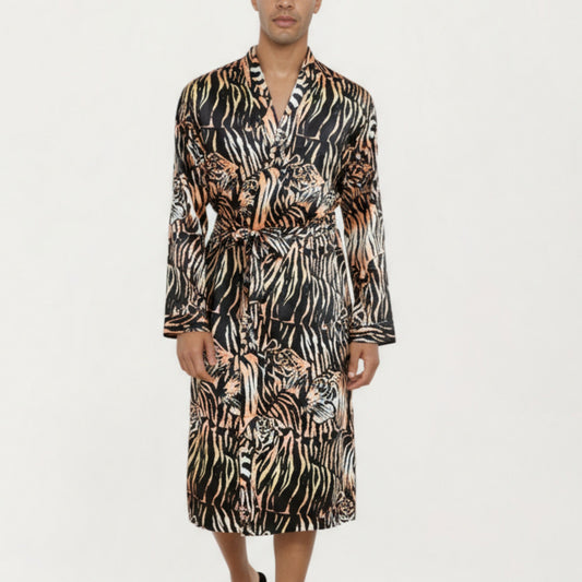 Men's Satin Robe with Tiger Print Design and Adjustable Waist Tie