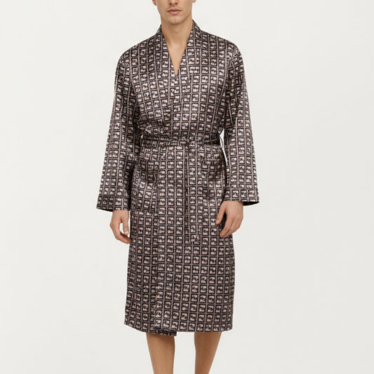 Men's Satin Robe with Geometric Square Pattern and Waist Tie Belt