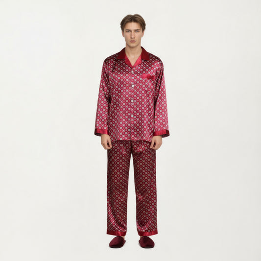 Men's 2-Piece Set Satin Pajamas with Geometric Print Contrast Collar and Button-Up Top