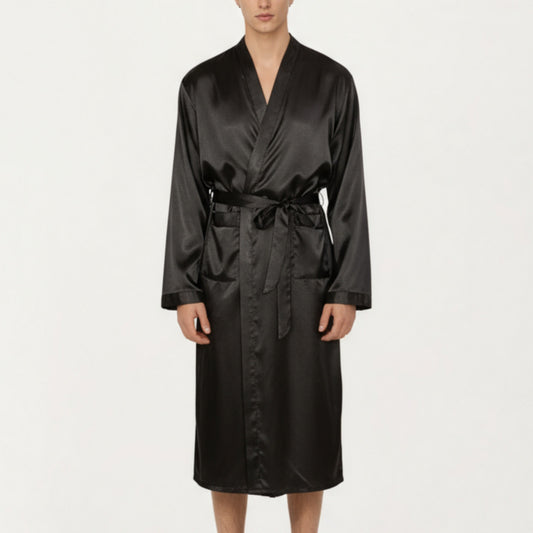 Men's Satin Robe with Waist Tie Belt and Front Pockets