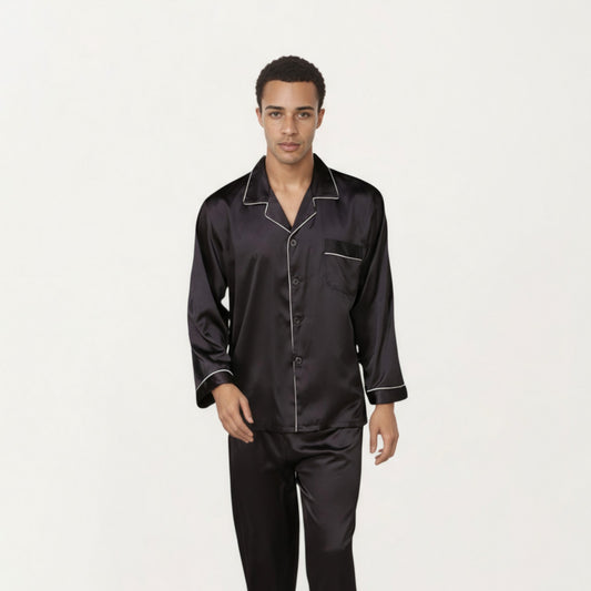 Men's 2-Piece Set Satin Pajamas with Contrast Piping and Button-Up Top