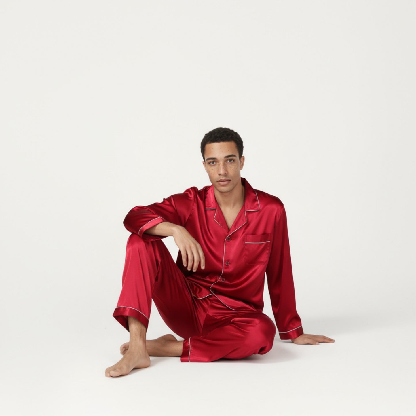 Men's 2-Piece Set Satin Pajamas with Contrast Piping and Button-Up Top