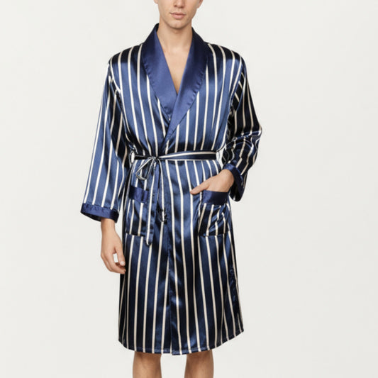 Men's Satin Robe with Geometric Print Contrast Shawl Collar and Waist Tie
