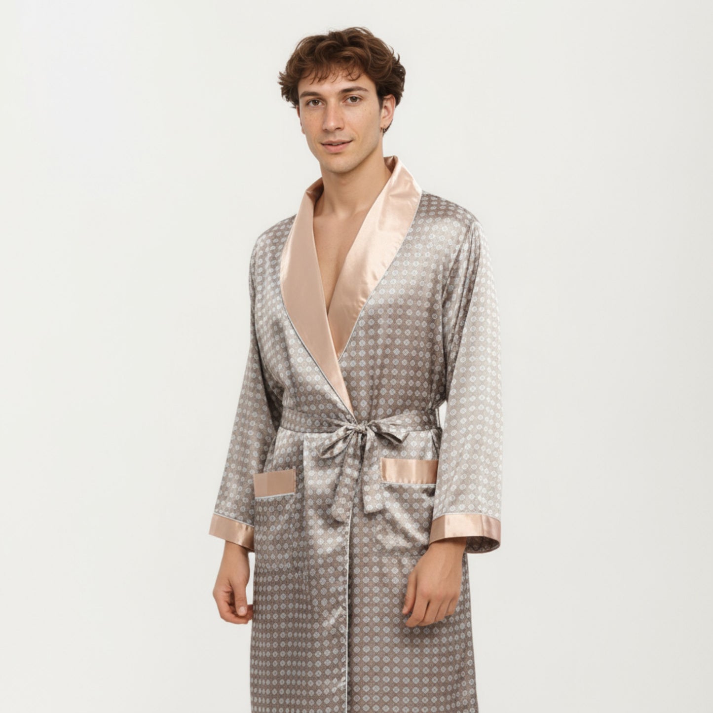 Men's Satin Robe with Geometric Print Contrast Shawl Collar and Waist Tie