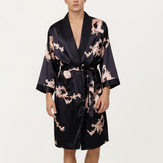 Men's Satin Robe with Baroque Print Shawl Collar and Waist Tie