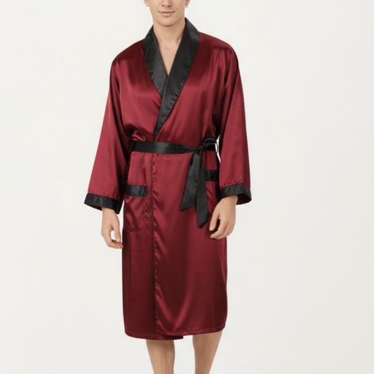 Men's Satin Robe with Contrast Shawl Collar Waist Tie and Front Pockets