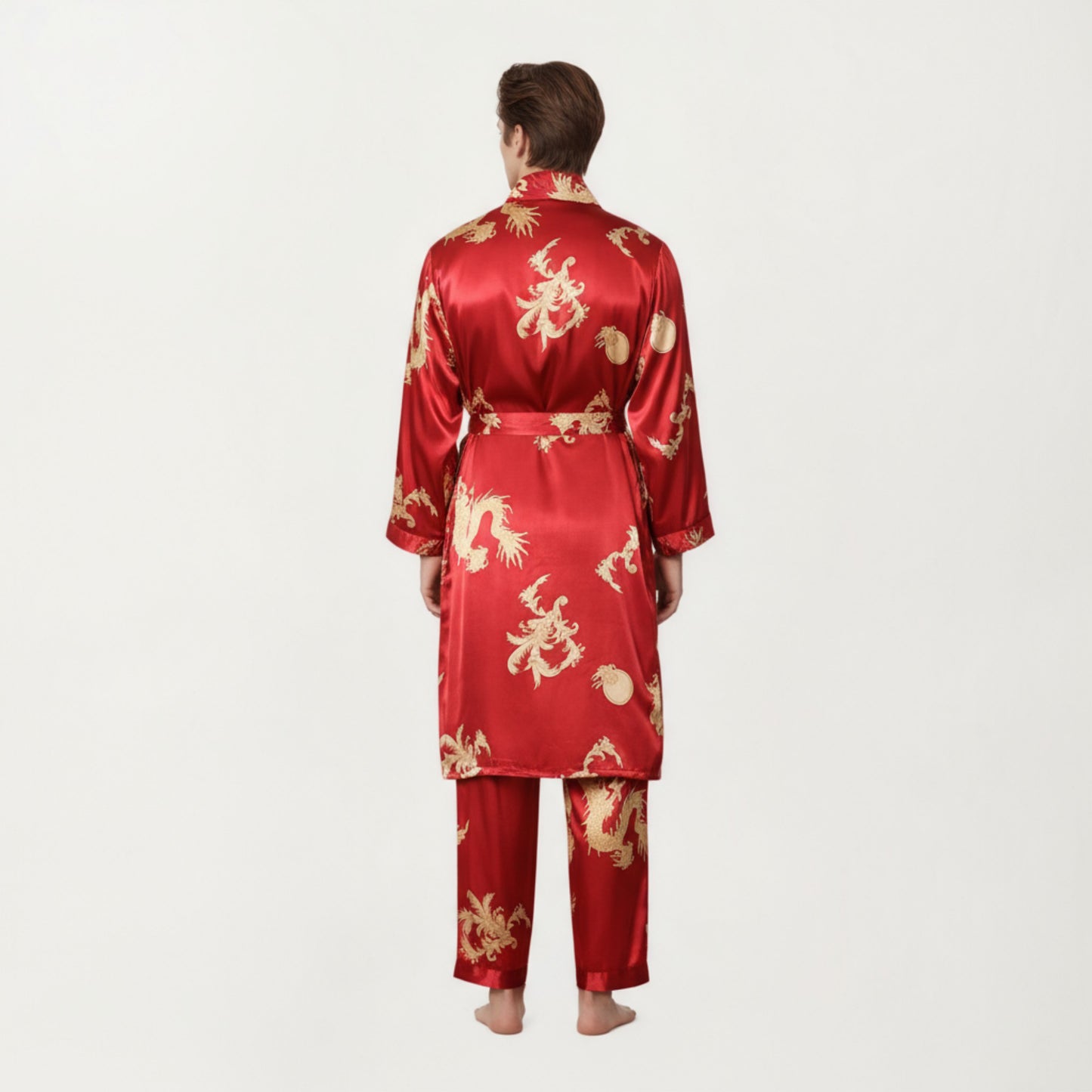 Men's 2-Piece Set Satin Dragon Print Robe and Lounge Pants with Shawl Collar and Waist Tie