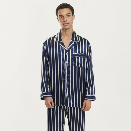 Men's 2-Piece Set Satin Pajamas with Vertical Stripe Pattern and Button-Up Top
