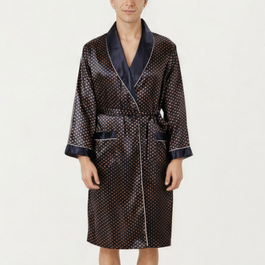 Men's Satin Robe with Polka Dot Print Contrast Shawl Collar and Waist Tie