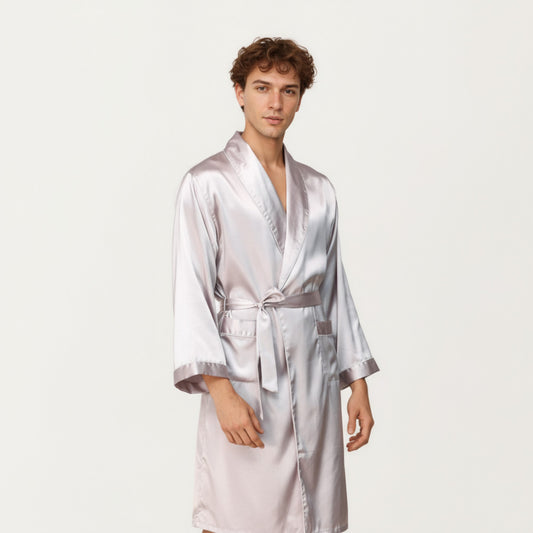 Men's Satin Robe with Shawl Collar Waist Tie and Front Pockets