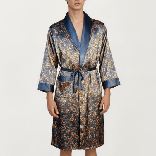 Men's Paisley Print Satin Robe with Contrast Shawl Collar and Waist Tie Belt