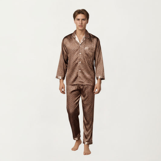 Men's 2-Piece Set Satin Pajamas with Geometric Print Button-Up Top and Matching Pants