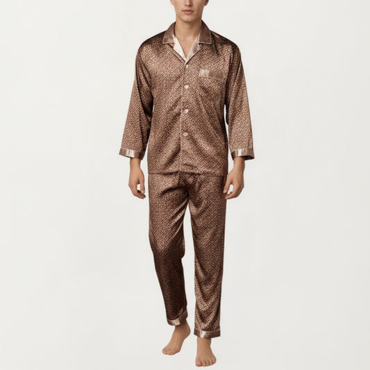 Men's 2-Piece Set Satin Pajamas with Geometric Print Button-Up Top and Matching Pants