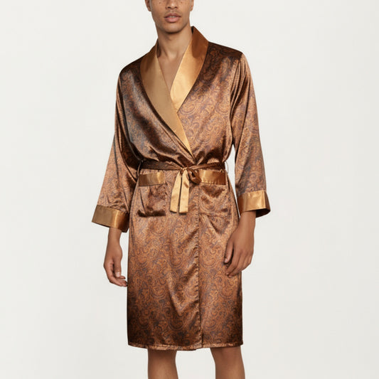 Men's Paisley Print Satin Robe with Contrast Shawl Collar and Waist Tie