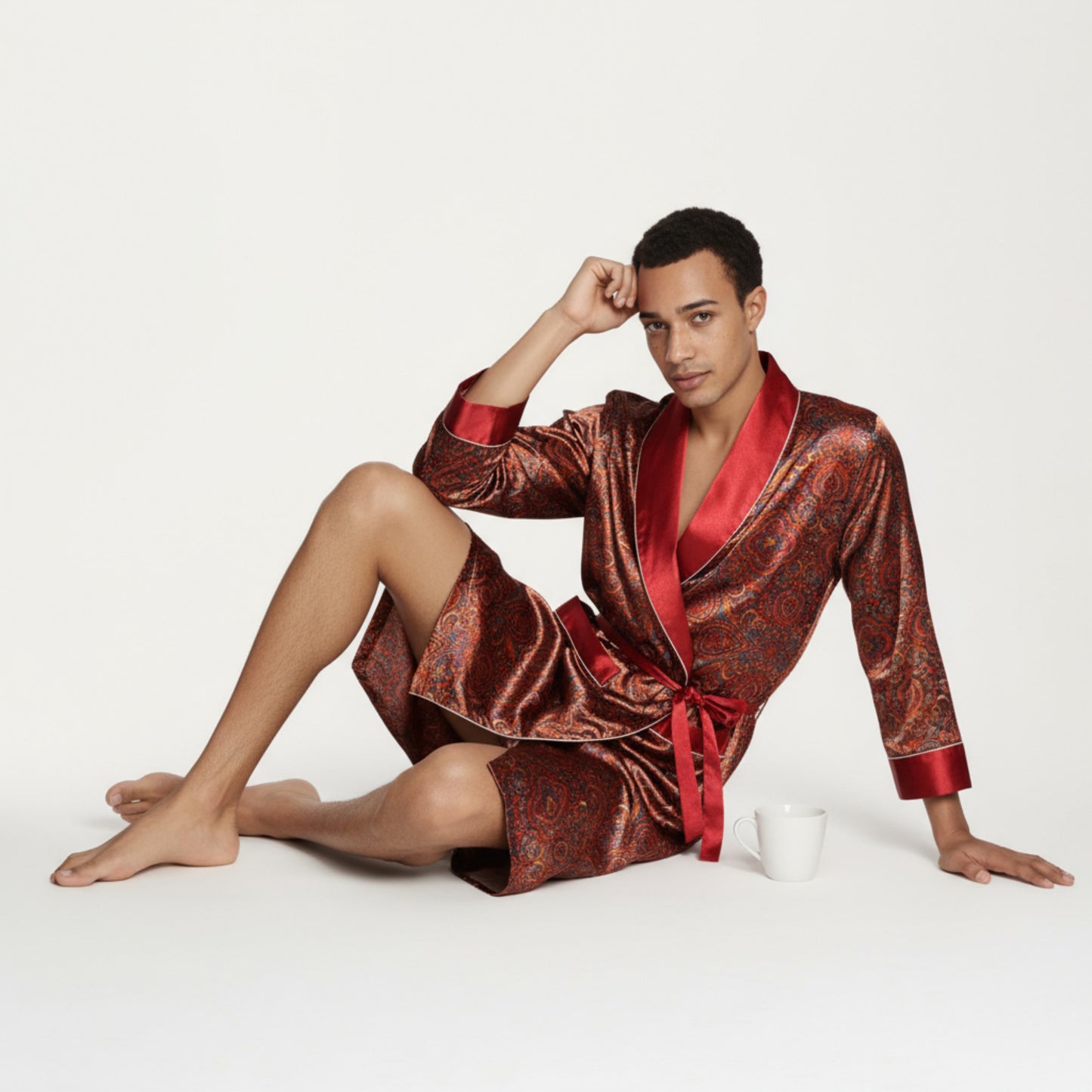 Men's Paisley Print Satin Robe with Contrast Shawl Collar and Waist Tie