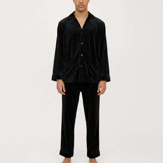 Men's 2-Piece Set Textured Velvet Pajamas with Button-Up Top and Straight-Leg Pants