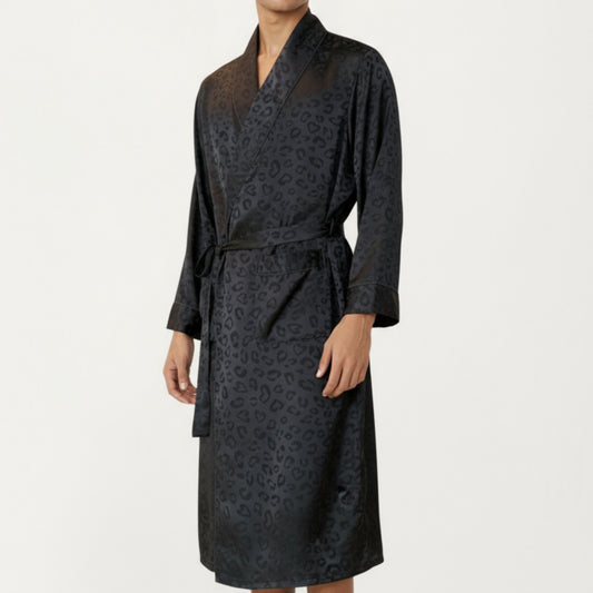 Men's Leopard Print Satin Robe with Waist Tie and Front Pockets