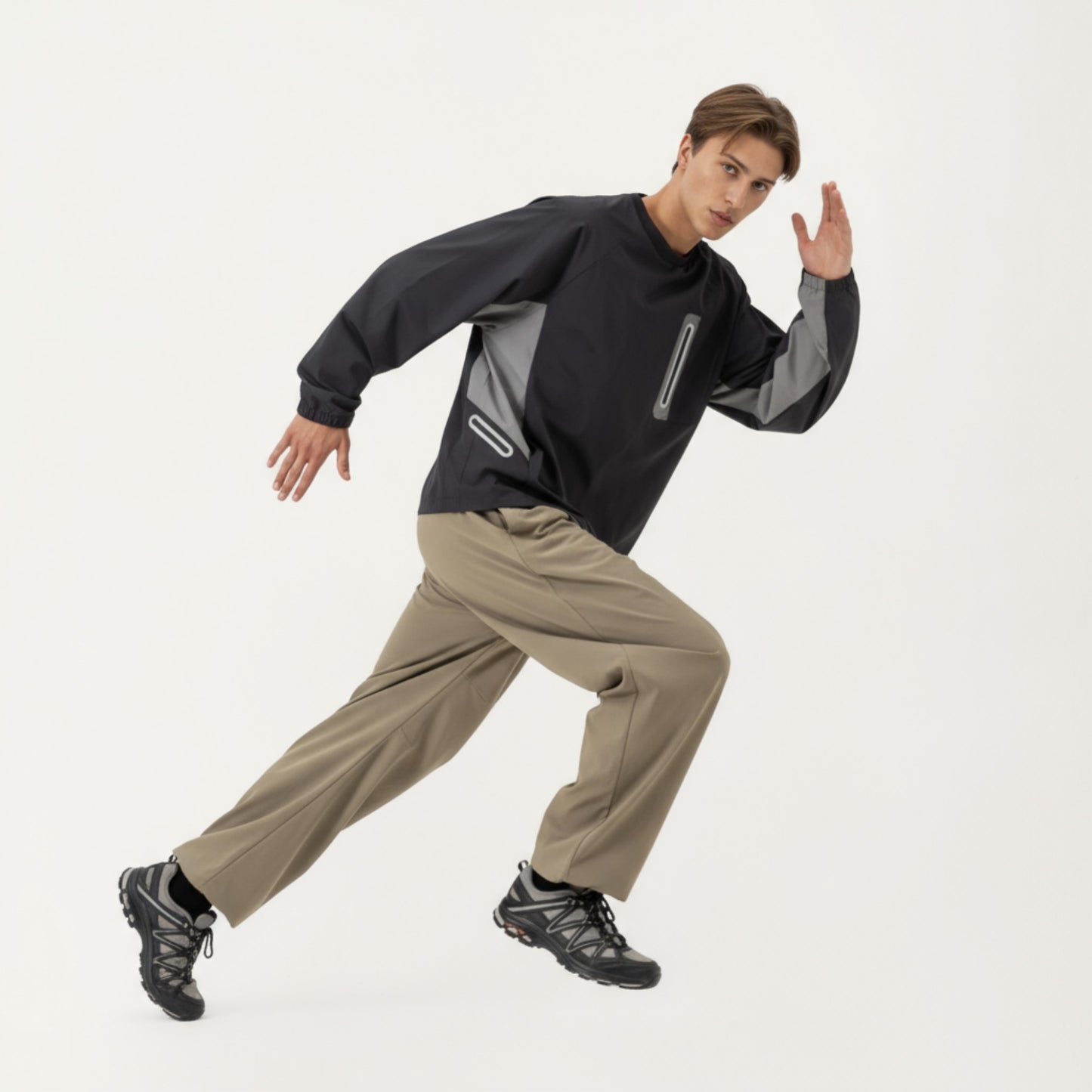 Men's Long Sleeve Pullover Crew Neck Top with Contrast Zipper Chest Pocket and Elastic Cuffs