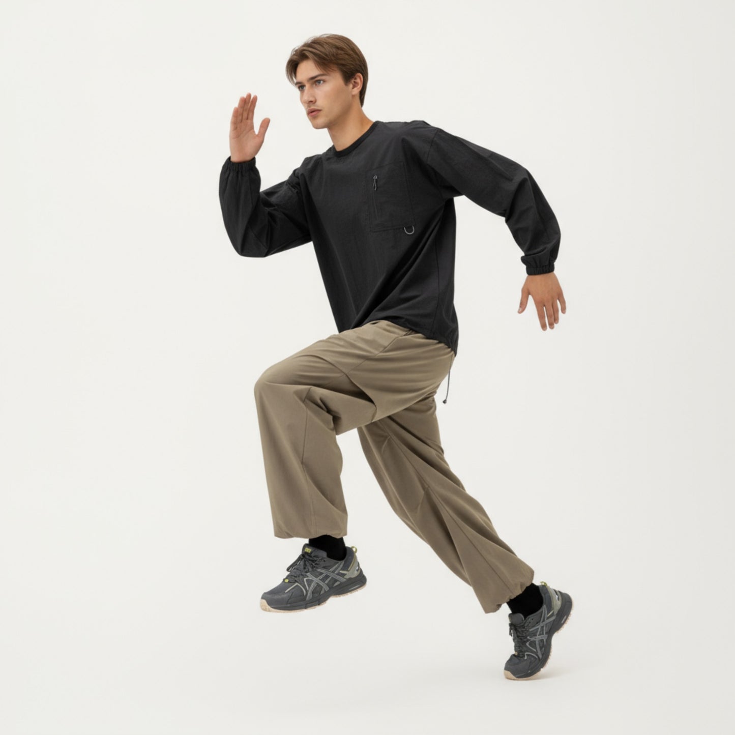 Men's Long Sleeve Crew Neck Utility Pullover with Zipper Chest Pocket and Elastic Cuffs