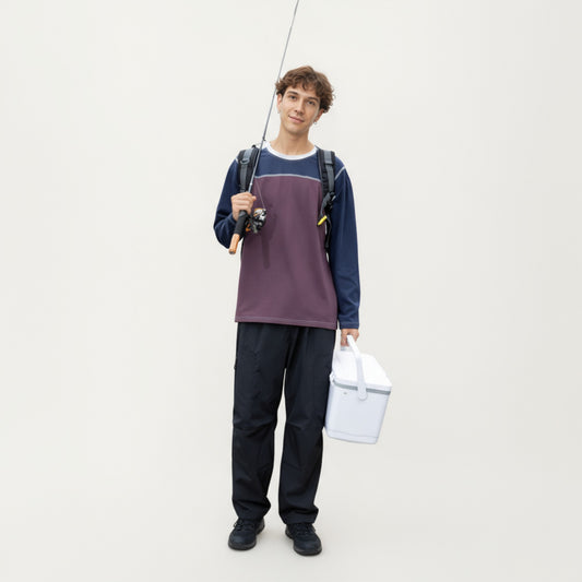 Men's Long Sleeve Color Block Crew Neck Pullover with Contrast Stitching and Relaxed Fit