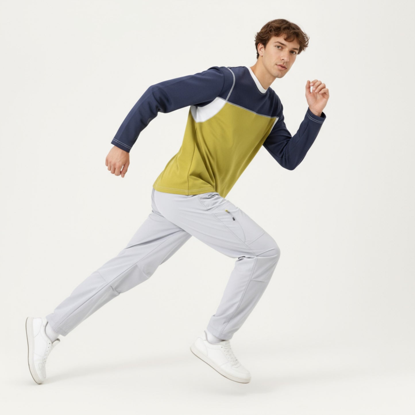 Men's Long Sleeve Color Block Crew Neck Pullover with Contrast Stitching and Relaxed Fit