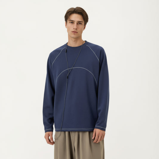 Men's Long Sleeve Crew Neck Pullover with Raglan Seams and Subtle Front Stitch Detail