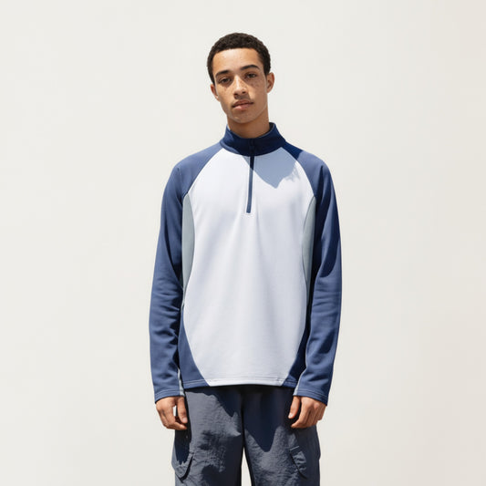Men's Long Sleeve Quarter Zip Pullover with Color Block Panels and Stand Collar
